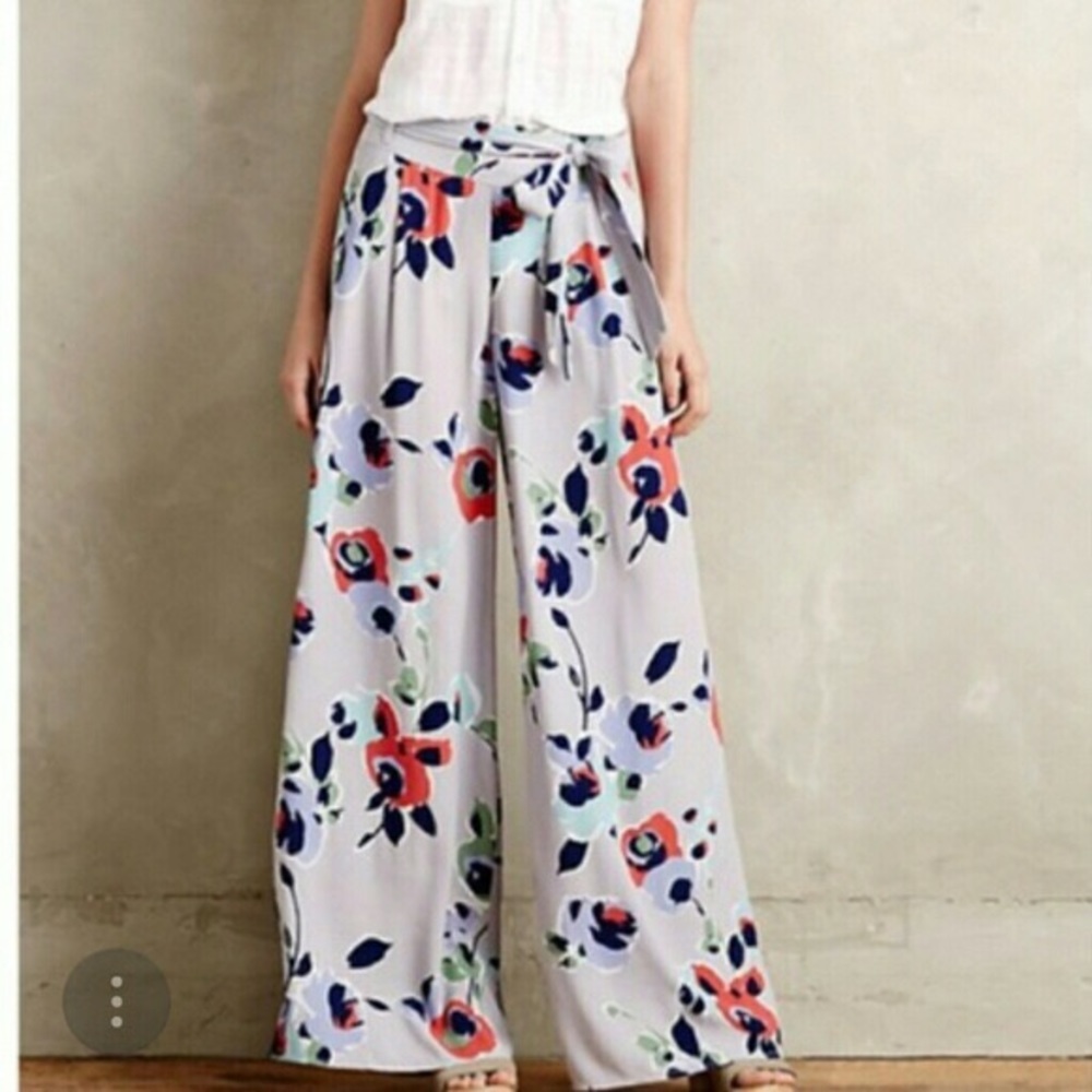 Anthropologie gray floral wide leg pants
